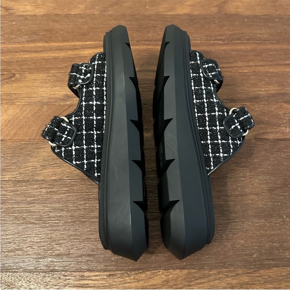 Stuart Weitzman Tweed Pearl Platform Slide Sandals Black White Size 7.5 NIB - Picture 10 of 11